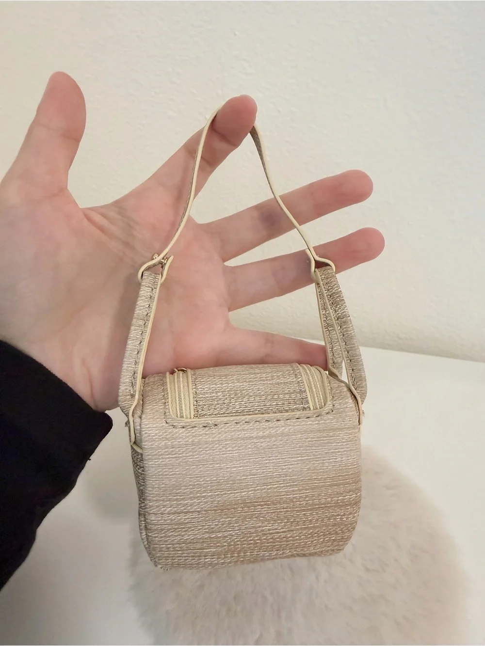 Mini Top Handle Bag Charm Woven Texture Coin Pouch Beige Luxury Style